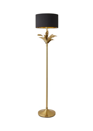 ValueLights Christina Black with Metallic Gold Drum Shade Gold Palm Leaf Floor Lamp