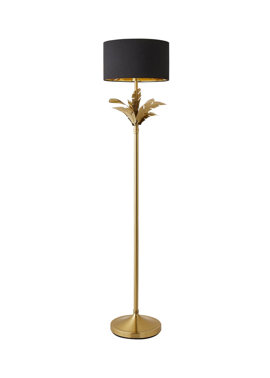 ValueLights Christina Black with Metallic Gold Drum Shade Gold Palm Leaf Floor Lamp