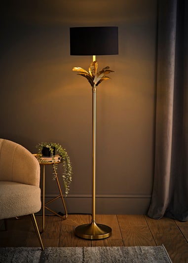 ValueLights Christina Black with Metallic Gold Drum Shade Gold Palm Leaf Floor Lamp