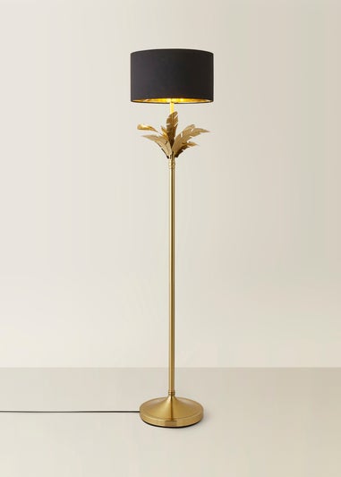 ValueLights Christina Black with Metallic Gold Drum Shade Gold Palm Leaf Floor Lamp