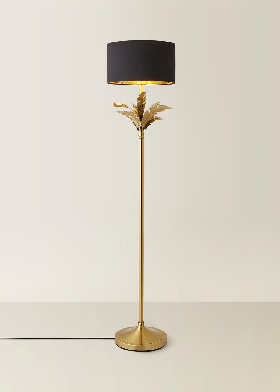 ValueLights Christina Black with Metallic Gold Drum Shade Gold Palm Leaf Floor Lamp