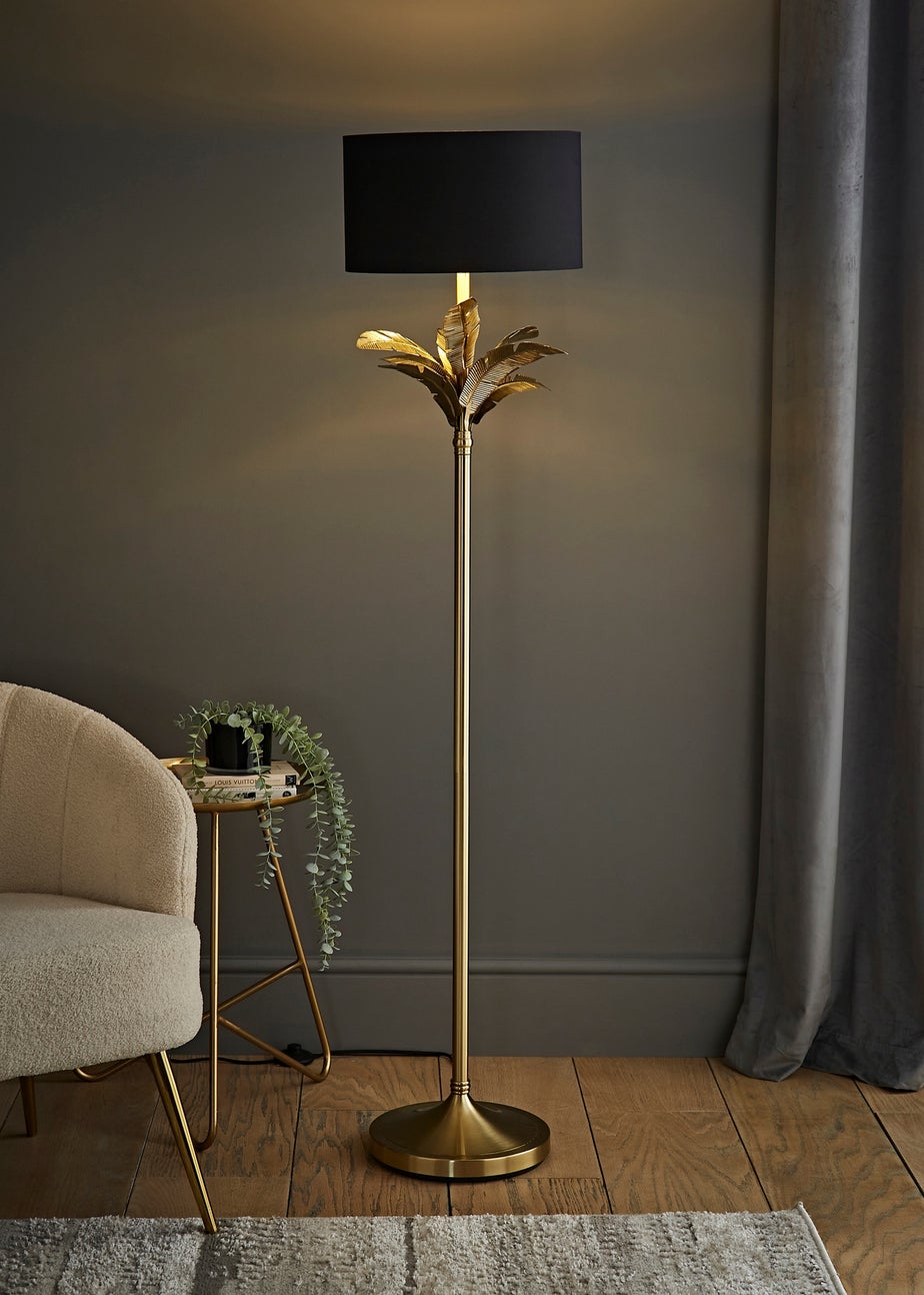 ValueLights Christina Black with Metallic Gold Drum Shade Gold Palm Leaf Floor Lamp