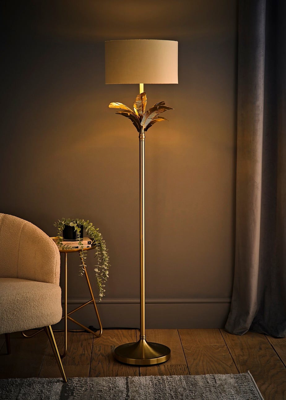 ValueLights Christina Beige with Metallic Gold Drum Shade Gold Palm Leaf Floor Lamp