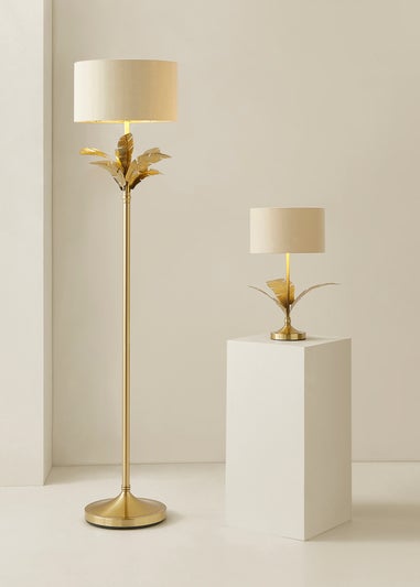 ValueLights Christina Beige with Metallic Gold Drum Shade Gold Palm Leaf Floor Lamp