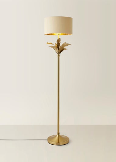 ValueLights Christina Beige with Metallic Gold Drum Shade Gold Palm Leaf Floor Lamp