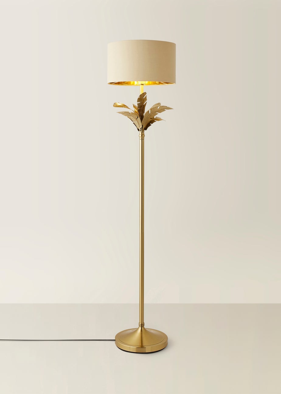ValueLights Christina Beige with Metallic Gold Drum Shade Gold Palm Leaf Floor Lamp