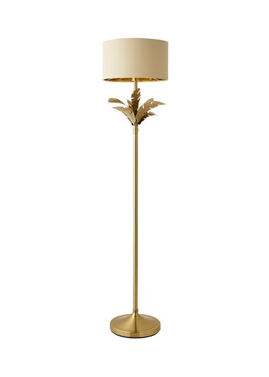 ValueLights Christina Beige with Metallic Gold Drum Shade Gold Palm Leaf Floor Lamp