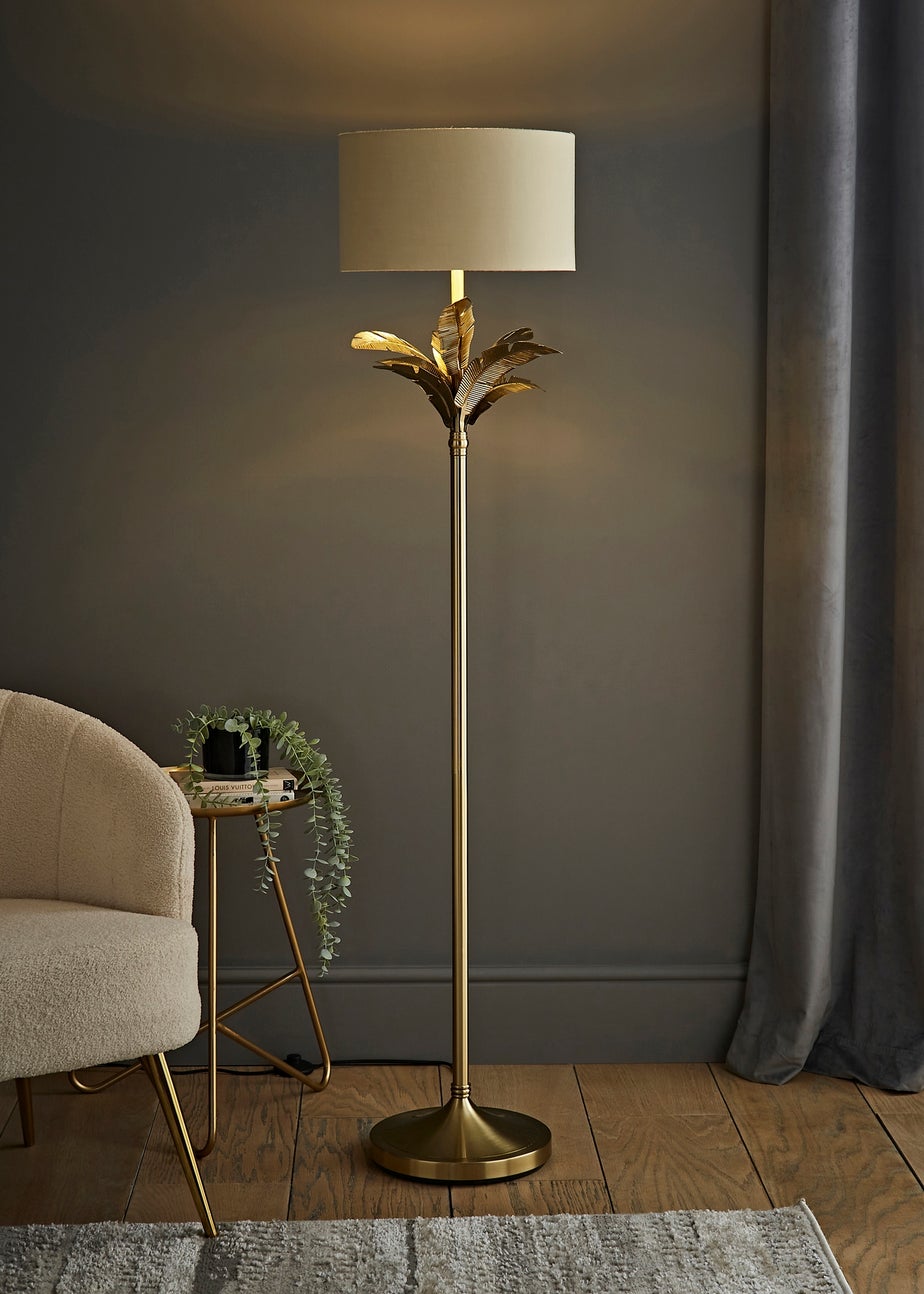 ValueLights Christina Beige with Metallic Gold Drum Shade Gold Palm Leaf Floor Lamp