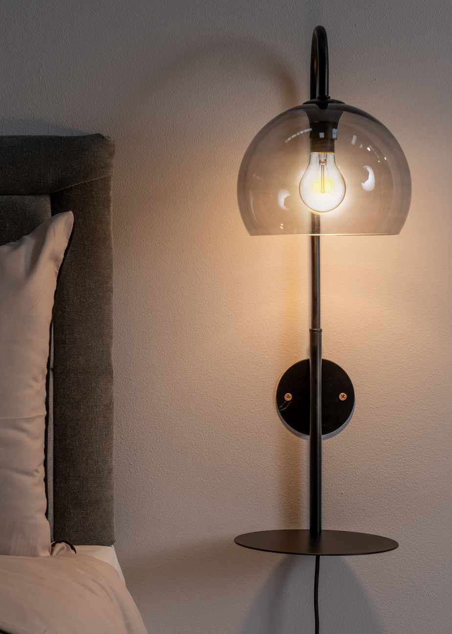 ValueLights Glenn Smoked Glass Globe Shade Wall Light with Shelf