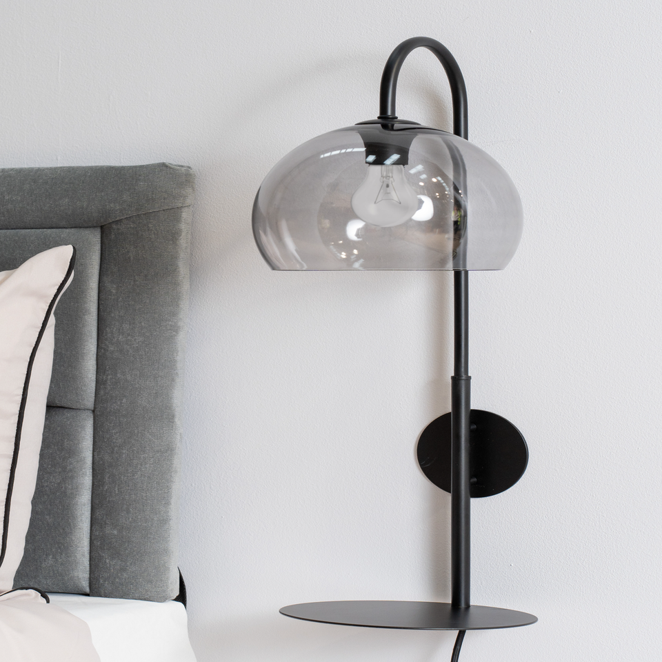 ValueLights Glenn Smoked Glass Globe Shade Wall Light with Shelf