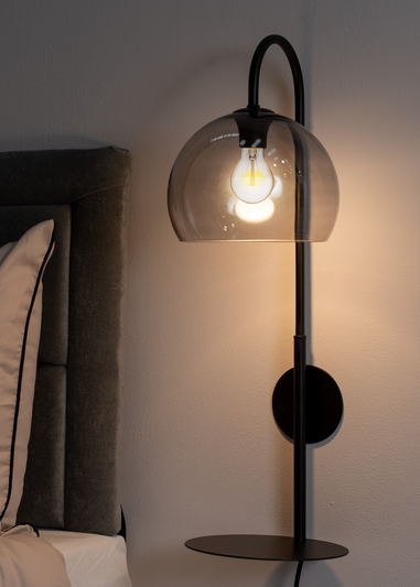 ValueLights Glenn Smoked Glass Globe Shade Wall Light with Shelf