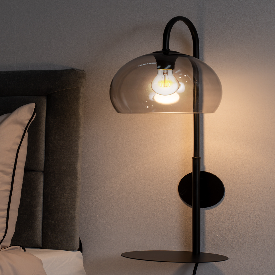 ValueLights Glenn Smoked Glass Globe Shade Wall Light with Shelf