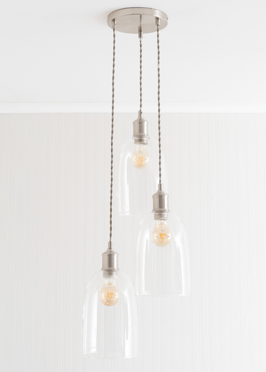 ValueLights Kira Glass Cloche Dome 3 Drop Cluster Brushed Chrome Ceiling Pendant Light