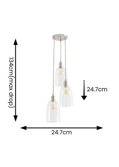 ValueLights Kira Glass Cloche Dome 3 Drop Cluster Brushed Chrome Ceiling Pendant Light