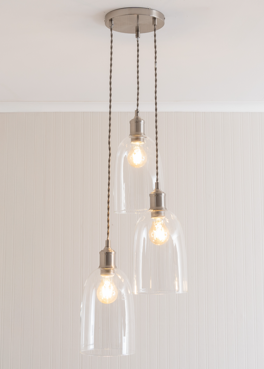 ValueLights Kira Glass Cloche Dome 3 Drop Cluster Brushed Chrome Ceiling Pendant Light