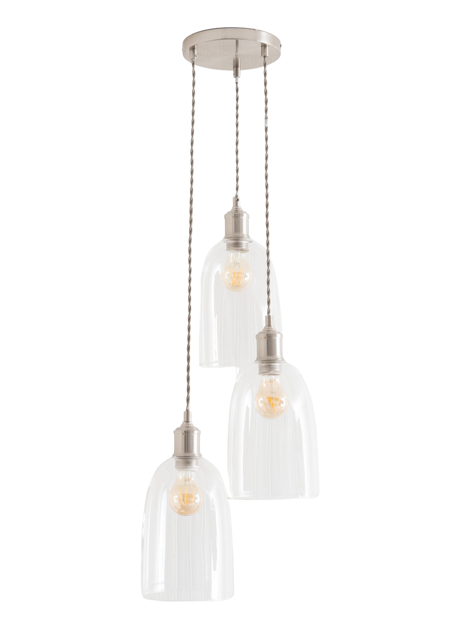 ValueLights Kira Glass Cloche Dome 3 Drop Cluster Brushed Chrome Ceiling Pendant Light