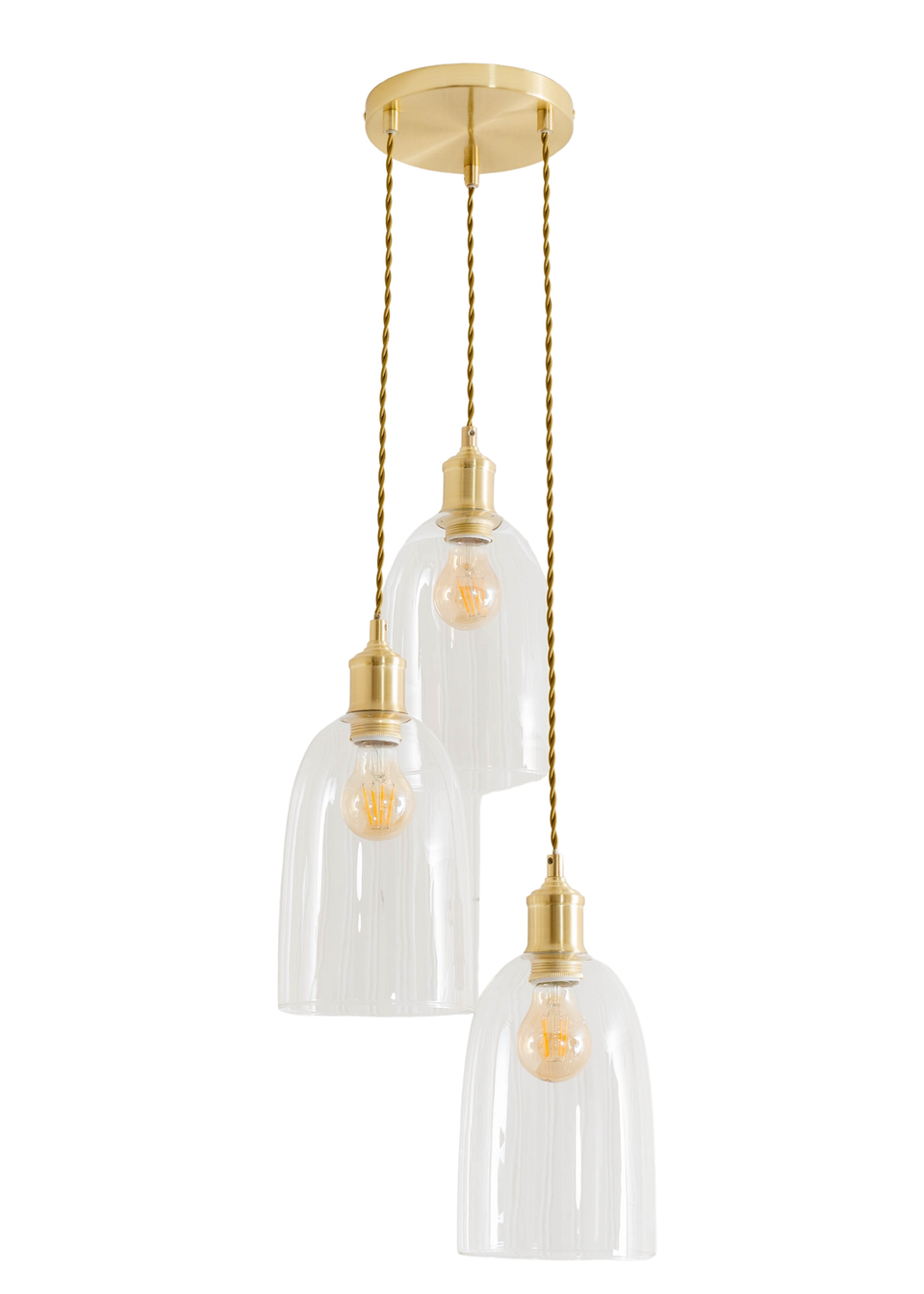 ValueLights Kira Glass Cloche Dome 3 Drop Cluster Brushed Gold Ceiling Pendant Light