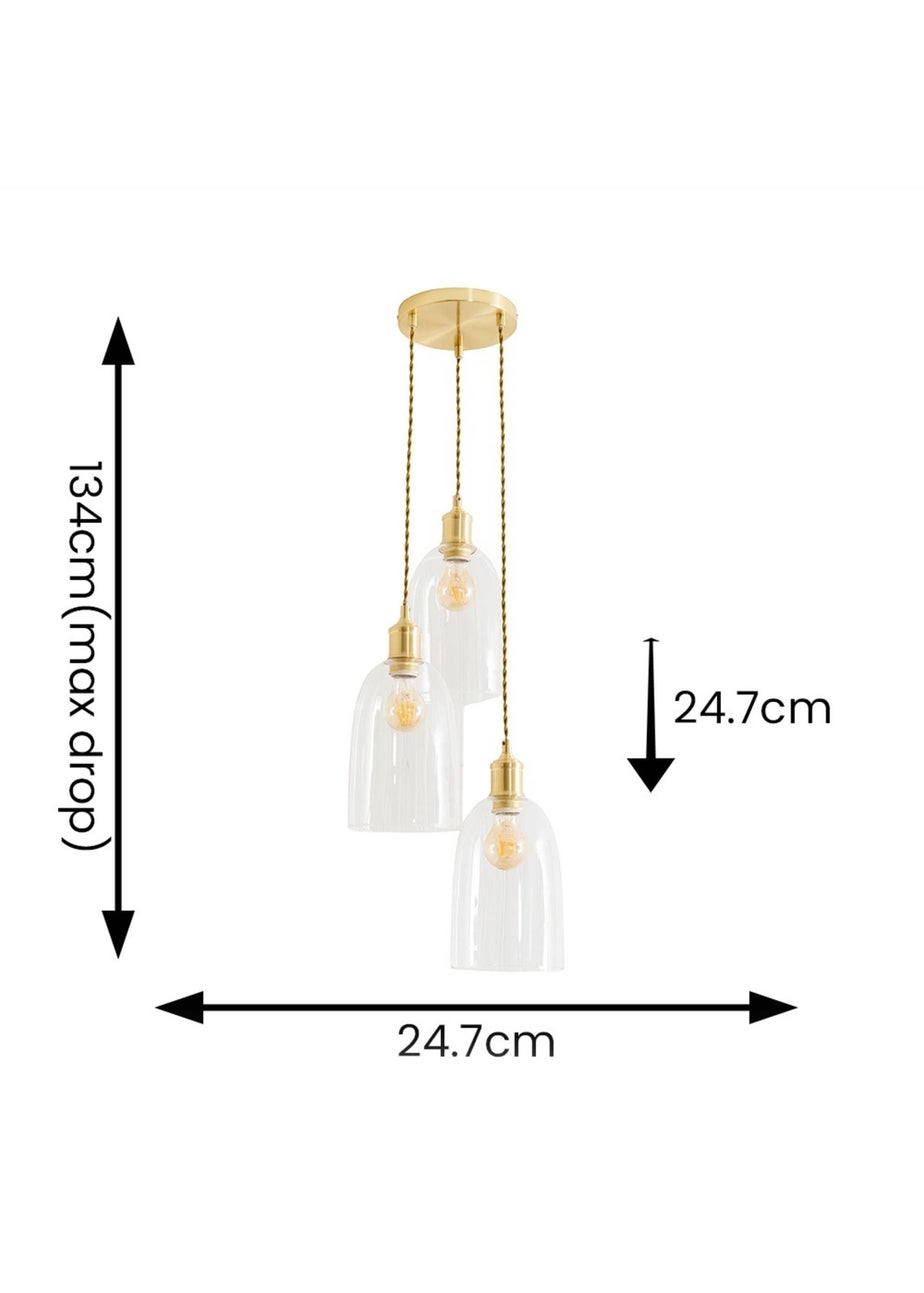 ValueLights Kira Glass Cloche Dome 3 Drop Cluster Brushed Gold Ceiling Pendant Light