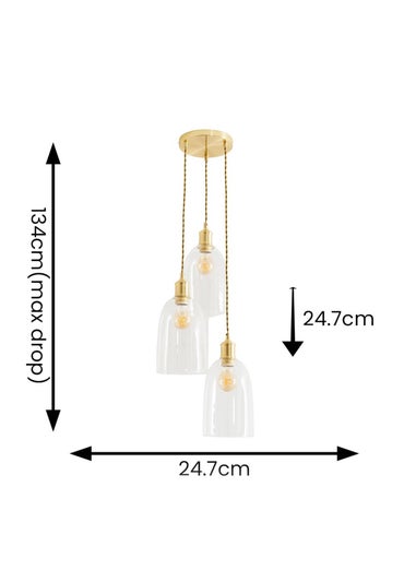 ValueLights Kira Glass Cloche Dome 3 Drop Cluster Brushed Gold Ceiling Pendant Light