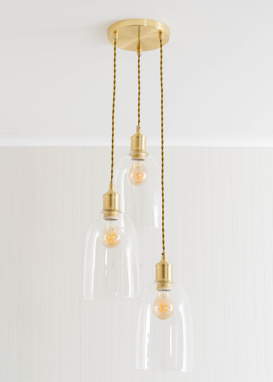 ValueLights Kira Glass Cloche Dome 3 Drop Cluster Brushed Gold Ceiling Pendant Light