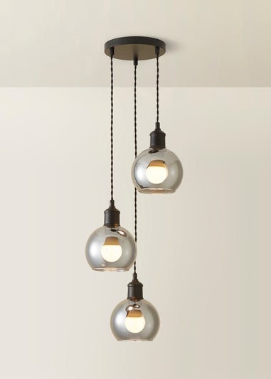ValueLights Bellamy Smoked Glass Globe 3 Drop Cluster Matte Black Ceiling Pendant Light