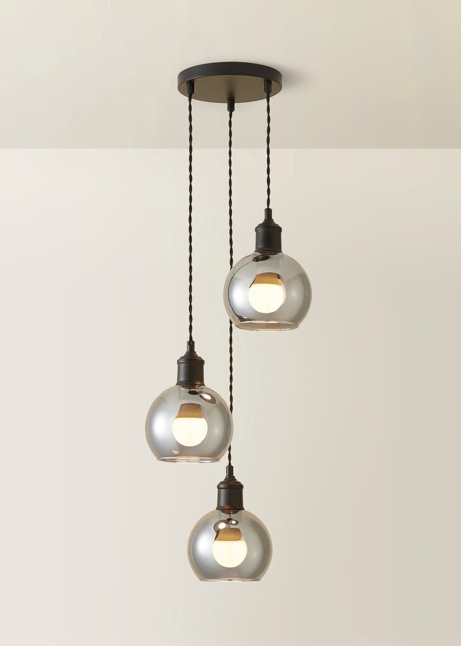ValueLights Bellamy Smoked Glass Globe 3 Drop Cluster Matte Black Ceiling Pendant Light