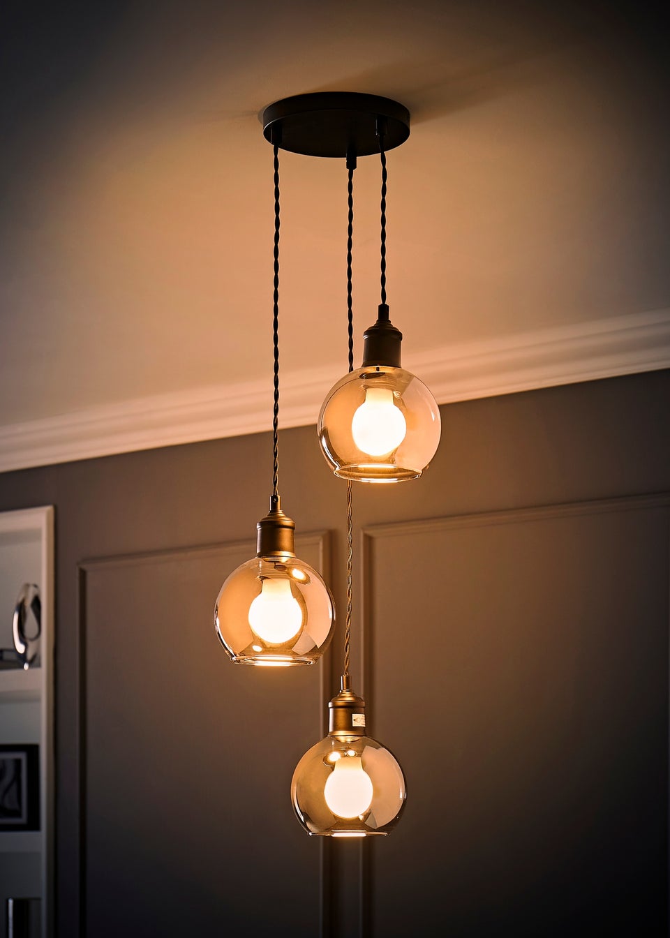 ValueLights Bellamy Smoked Glass Globe 3 Drop Cluster Matte Black Ceiling Pendant Light