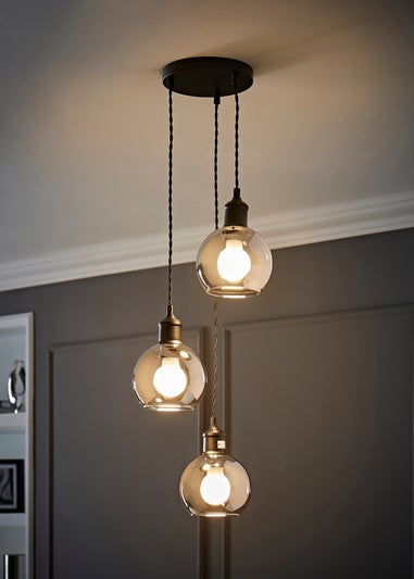 ValueLights Bellamy Smoked Glass Globe 3 Drop Cluster Matte Black Ceiling Pendant Light