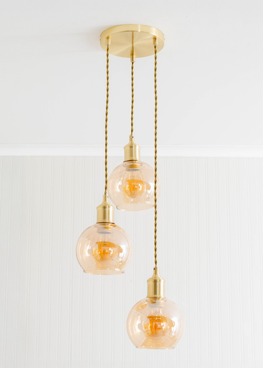 ValueLights Bellamy Amber Glass Globe 3 Drop Cluster Brushed Gold Ceiling Pendant Light