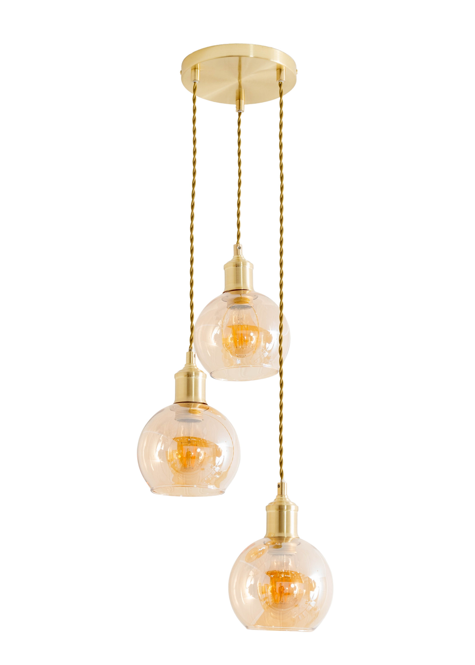 ValueLights Bellamy Amber Glass Globe 3 Drop Cluster Brushed Gold Ceiling Pendant Light