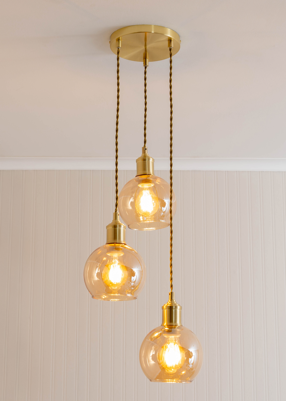 ValueLights Bellamy Amber Glass Globe 3 Drop Cluster Brushed Gold Ceiling Pendant Light