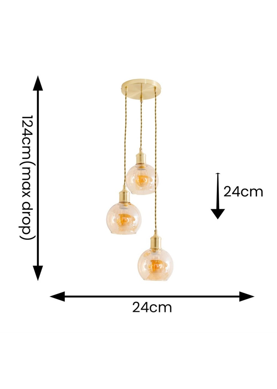 ValueLights Bellamy Amber Glass Globe 3 Drop Cluster Brushed Gold Ceiling Pendant Light