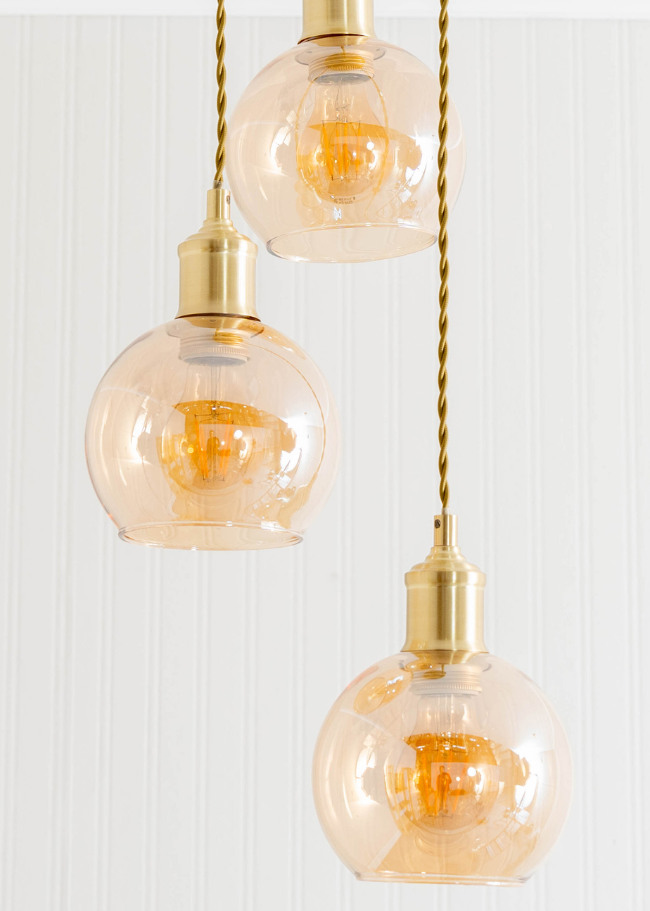 ValueLights Bellamy Amber Glass Globe 3 Drop Cluster Brushed Gold Ceiling Pendant Light