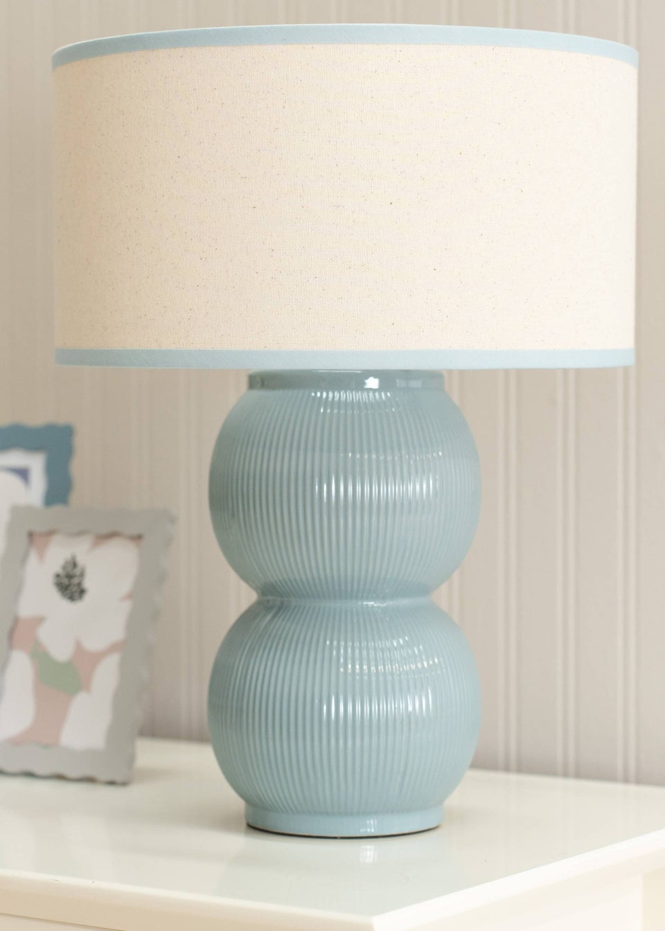 ValueLights Gemma Linen with Trim Drum Lamp Shade Stacked Ribbed Glazed Table Lamp