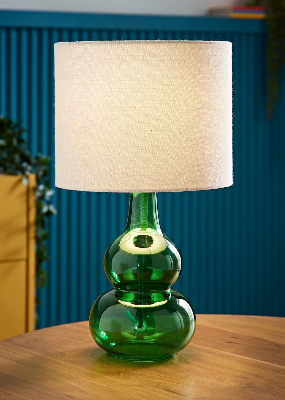 ValueLights Aida Natural Linen Tall Lamp Bright Green Bubble Glass Table Lamp