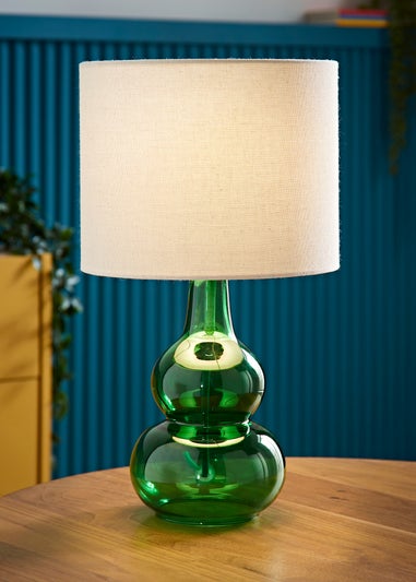 ValueLights Aida Natural Linen Tall Lamp Bright Green Bubble Glass Table Lamp