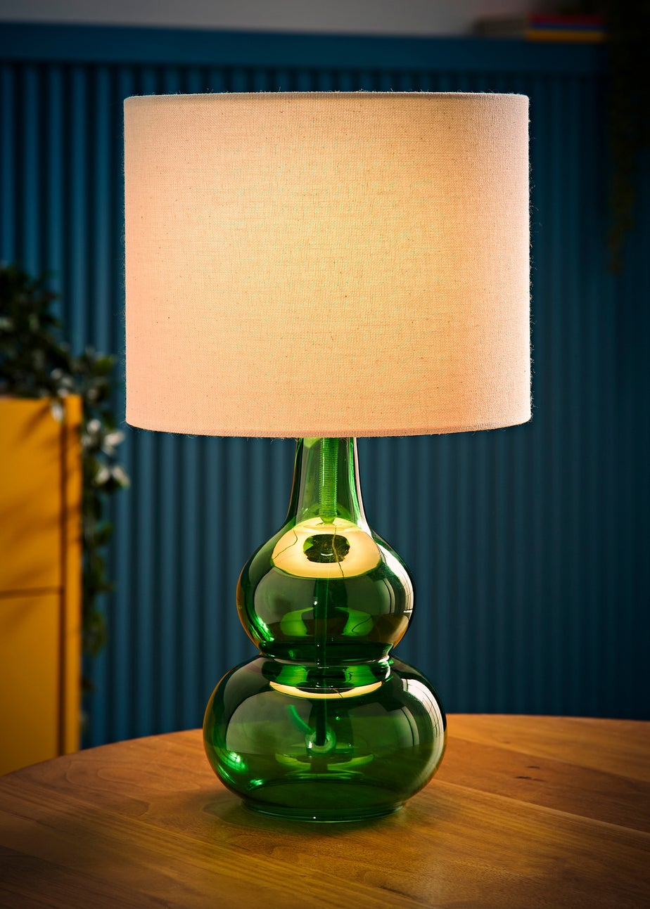 ValueLights Aida Natural Linen Tall Lamp Bright Green Bubble Glass Table Lamp