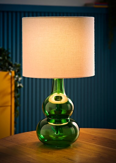ValueLights Aida Natural Linen Tall Lamp Bright Green Bubble Glass Table Lamp