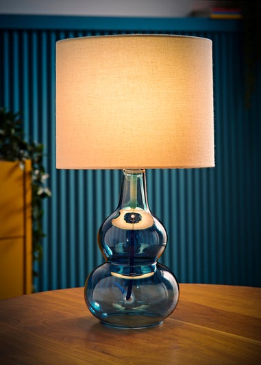 ValueLights Aida Natural Linen Tall Lamp Shade Blue Bubble Glass Table Lamp