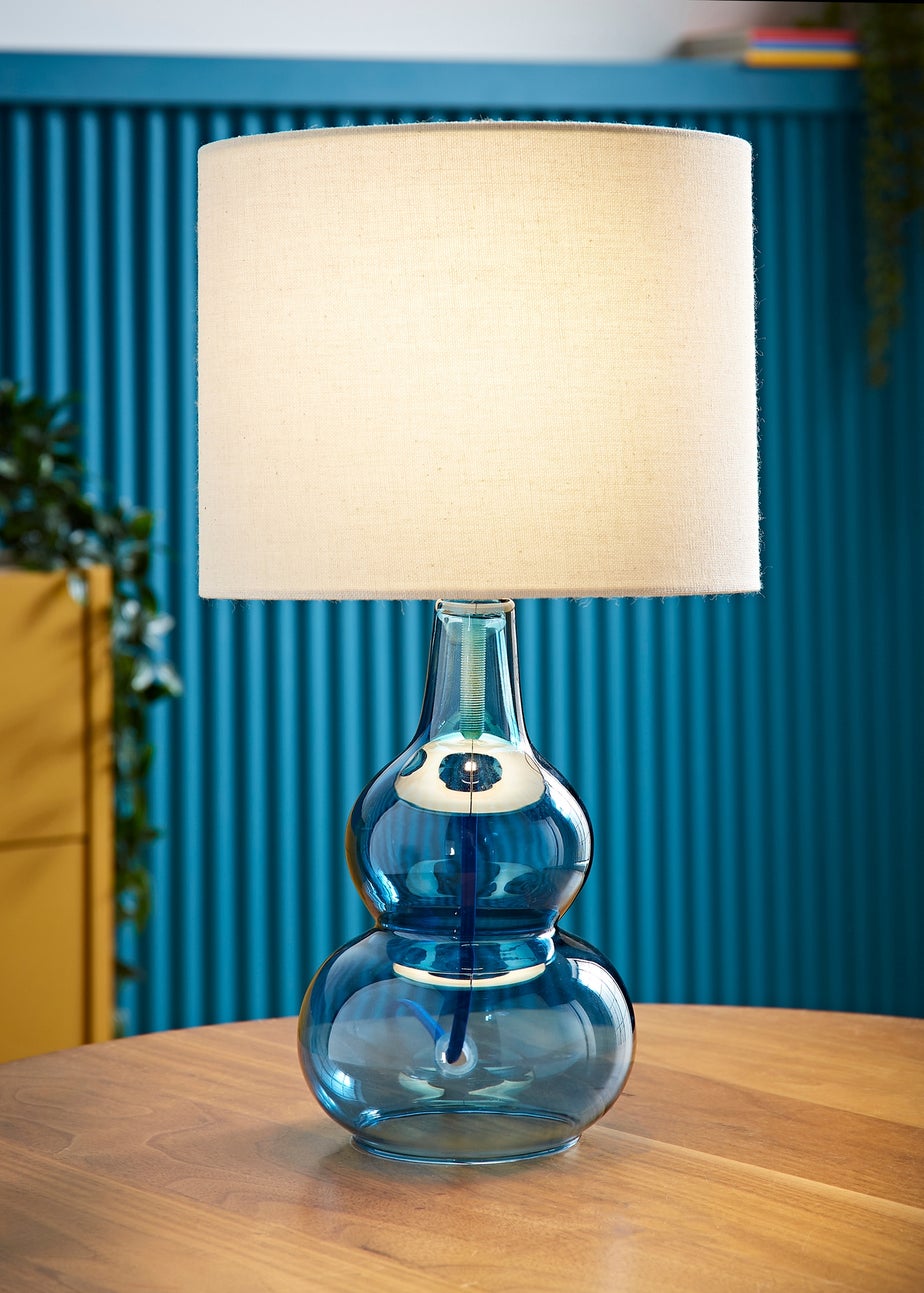 ValueLights Aida Natural Linen Tall Lamp Shade Blue Bubble Glass Table Lamp
