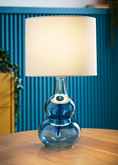 ValueLights Aida Natural Linen Tall Lamp Shade Blue Bubble Glass Table Lamp