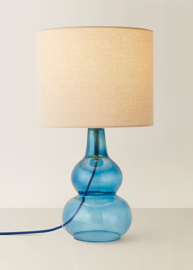 ValueLights Aida Natural Linen Tall Lamp Shade Blue Bubble Glass Table Lamp