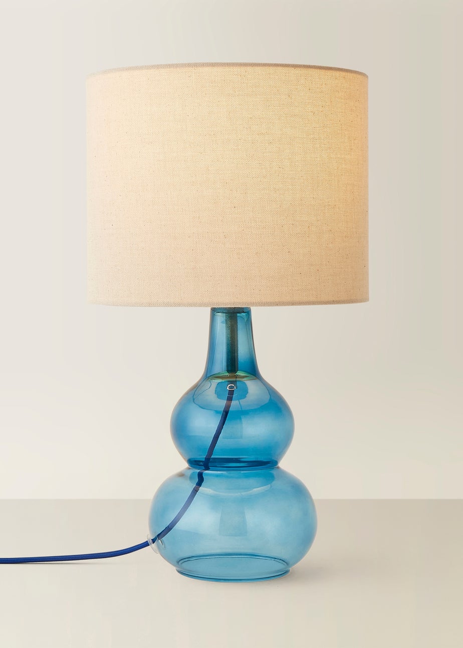 ValueLights Aida Natural Linen Tall Lamp Shade Blue Bubble Glass Table Lamp
