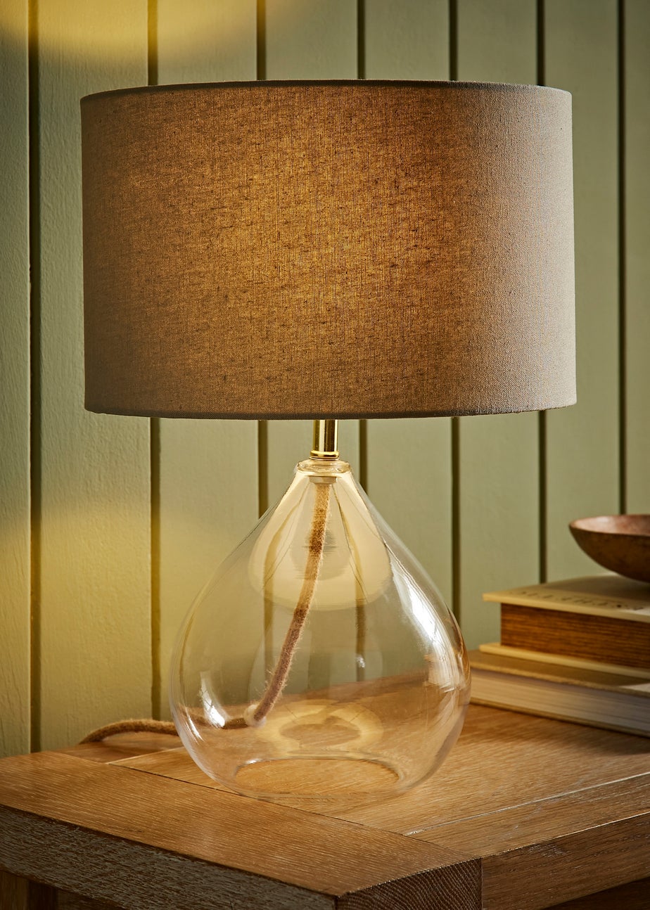 ValueLights Eloise Natural Linen Drum Shade Clear Glass Teardrop Table Lamp