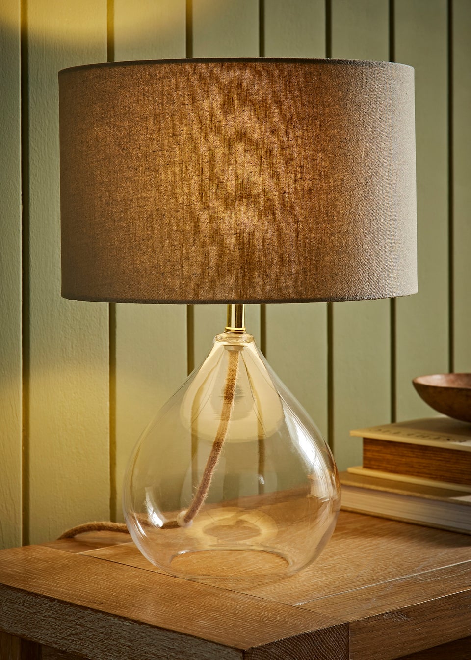 ValueLights Eloise Natural Linen Drum Shade Clear Glass Teardrop Table Lamp
