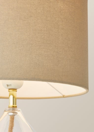 ValueLights Eloise Natural Linen Drum Shade Clear Glass Teardrop Table Lamp