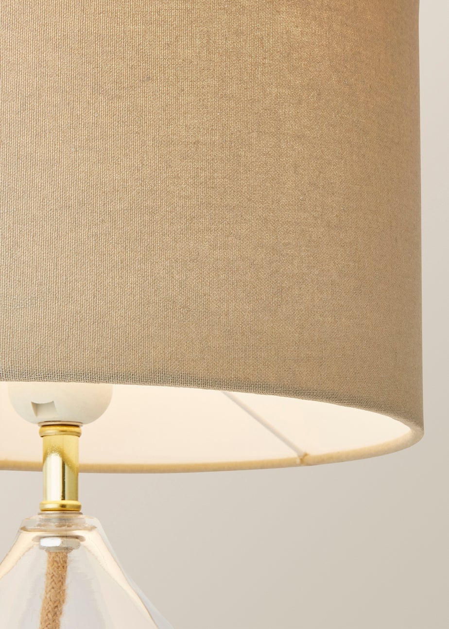 ValueLights Eloise Natural Linen Drum Shade Clear Glass Teardrop Table Lamp