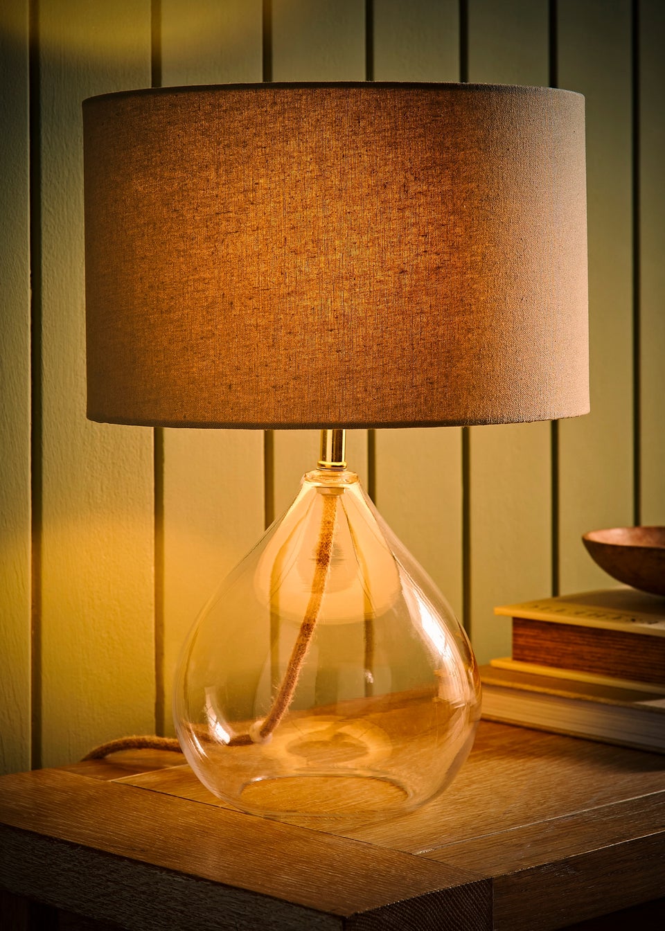 ValueLights Eloise Natural Linen Drum Shade Clear Glass Teardrop Table Lamp