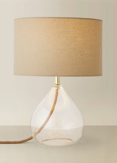 ValueLights Eloise Natural Linen Drum Shade Clear Glass Teardrop Table Lamp