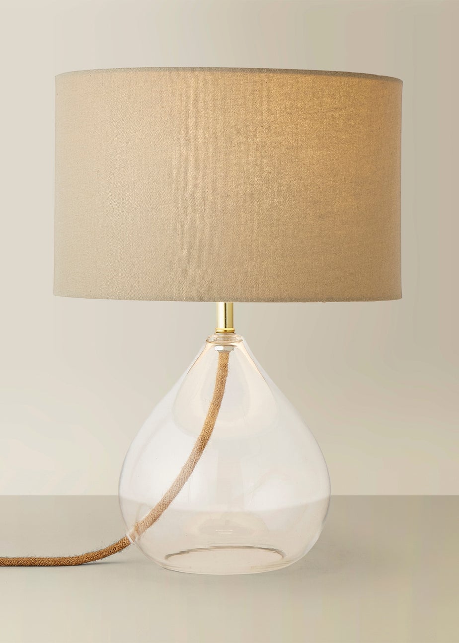 ValueLights Eloise Natural Linen Drum Shade Clear Glass Teardrop Table Lamp